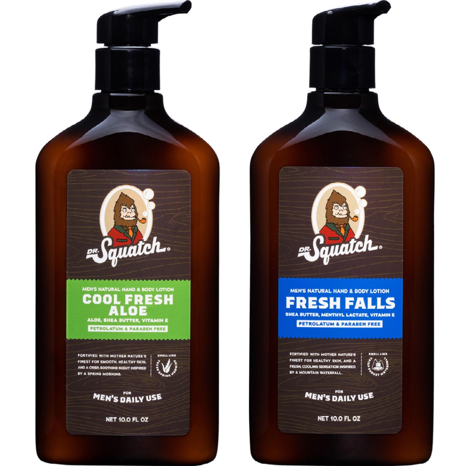 Dr. Squatch Men&#39;s Non-Greasy Natural Lotion - 24-hour moisturization hand and body lotion - Made with Shea Butter, Coconut Oil, and Vitamin E - Cool Fresh Aloe, Fresh Falls (2 Pack)
