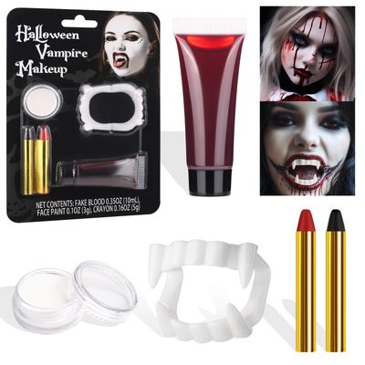 BOBISUKA Halloween Vampire Makeup Kit with White Face &amp; Body Paint, Fake Blood, Black and Red Face Paint Crayon and Fake Teeth SFX Makeup Set for Zombie Wounds Clown Cosplay Special Effects Makeup