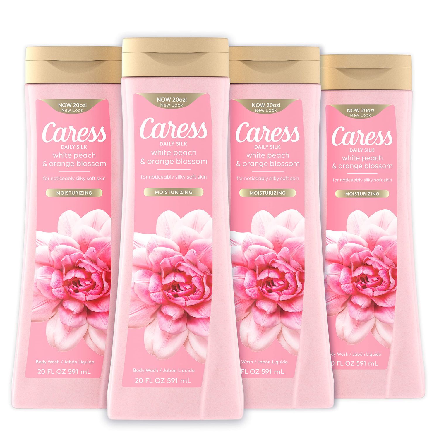 Caress Body Wash for Women, Daily Silk White Peach &amp; Orange Blossom, Shower Gel Body Wash Moisturizing for Noticeably Silky, Soft Skin, 20 fl oz, 4 Pack