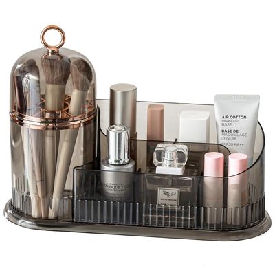 CANITORON Makeup Organizer for Vanity,Skincare Organizer with Makeup Brush Holder Organizer,Partitioned Storage Cosmetic Display Cases,Makeup Case for Bedroom Countertop and Bathroom Storage.CB-Gray