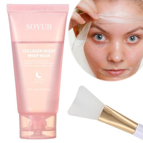 Collagen Night Wrapping Mask with Jelly Brush, Collagen Peel Off Facial Mask, Elasticity &amp; Hydration, Natural Ingredients for Firmer Skin, Reduces Sagging &amp; Dullness, Korean Skin Care