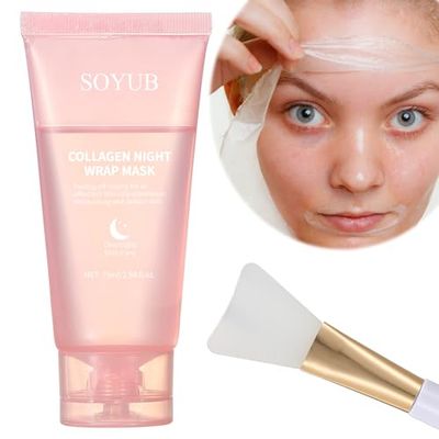 Collagen Night Wrapping Mask with Jelly Brush, Collagen Peel Off Facial Mask, Elasticity &amp; Hydration, Natural Ingredients for Firmer Skin, Reduces Sagging &amp; Dullness, Korean Skin Care