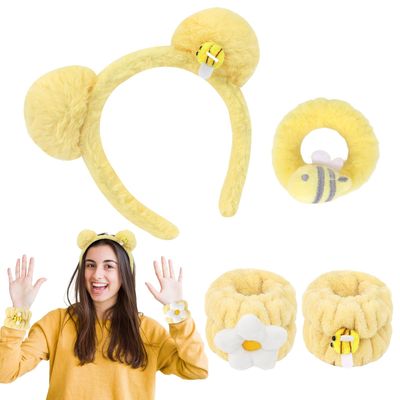 GAFATORY Spa Headband and Wristband Set for Skin Care Yellow Bear Ears Headband for Washing Face Skincare Headband with Hair Ties for Women Cute Costume Accessories for Makeup Yoga