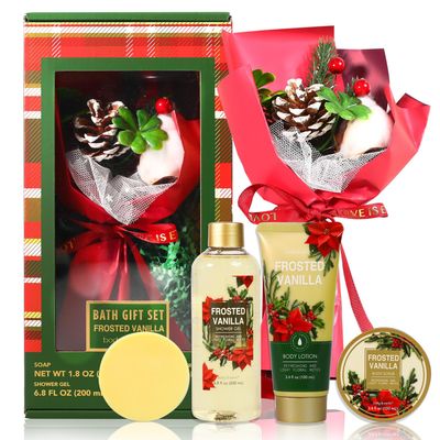 Christmas Day Gifts Spa Set for Her - BODY &amp; EARTH Spa Gift Baskets for Women, 5 Piece Spa Gifts with vanilla Scented Bath Wash, Body Scrub, Body Lotion, Hand Soap