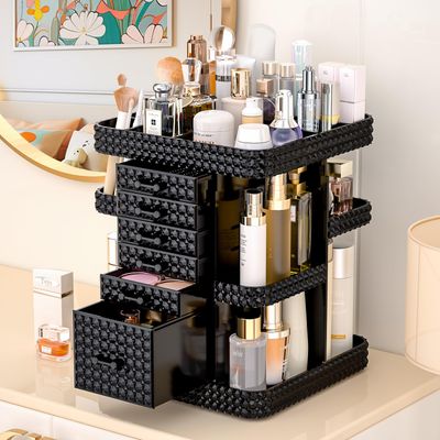 BOCONY 360 Rotating Makeup Organizer for Vanity, Large Skin Care Organizer with 6 Drawers Clear Acrylic Cosmetic Organizer Adjustable Spinning Makeup Storage Perfume Organizer for Dresser (Black)