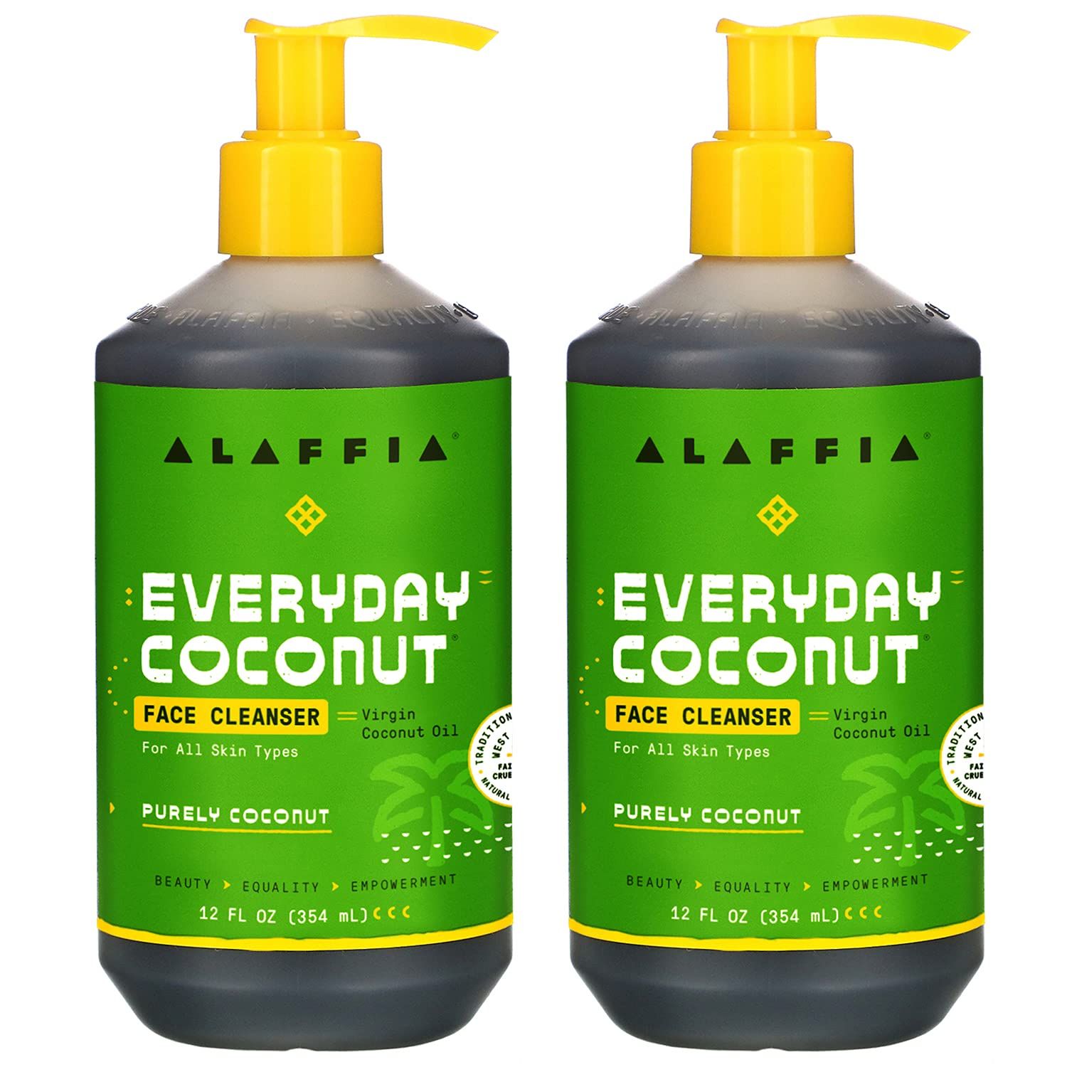 Alaffia Everyday Coconut Face Cleanser for All Skin Types. Leaves Skin Fresh and Hydrated with Fair Trade Coconut Oil &amp; Neem, Vegan, Cruelty Free, No Parabens, Purely Coconut, 2 Pack - 12 Fl Oz Ea