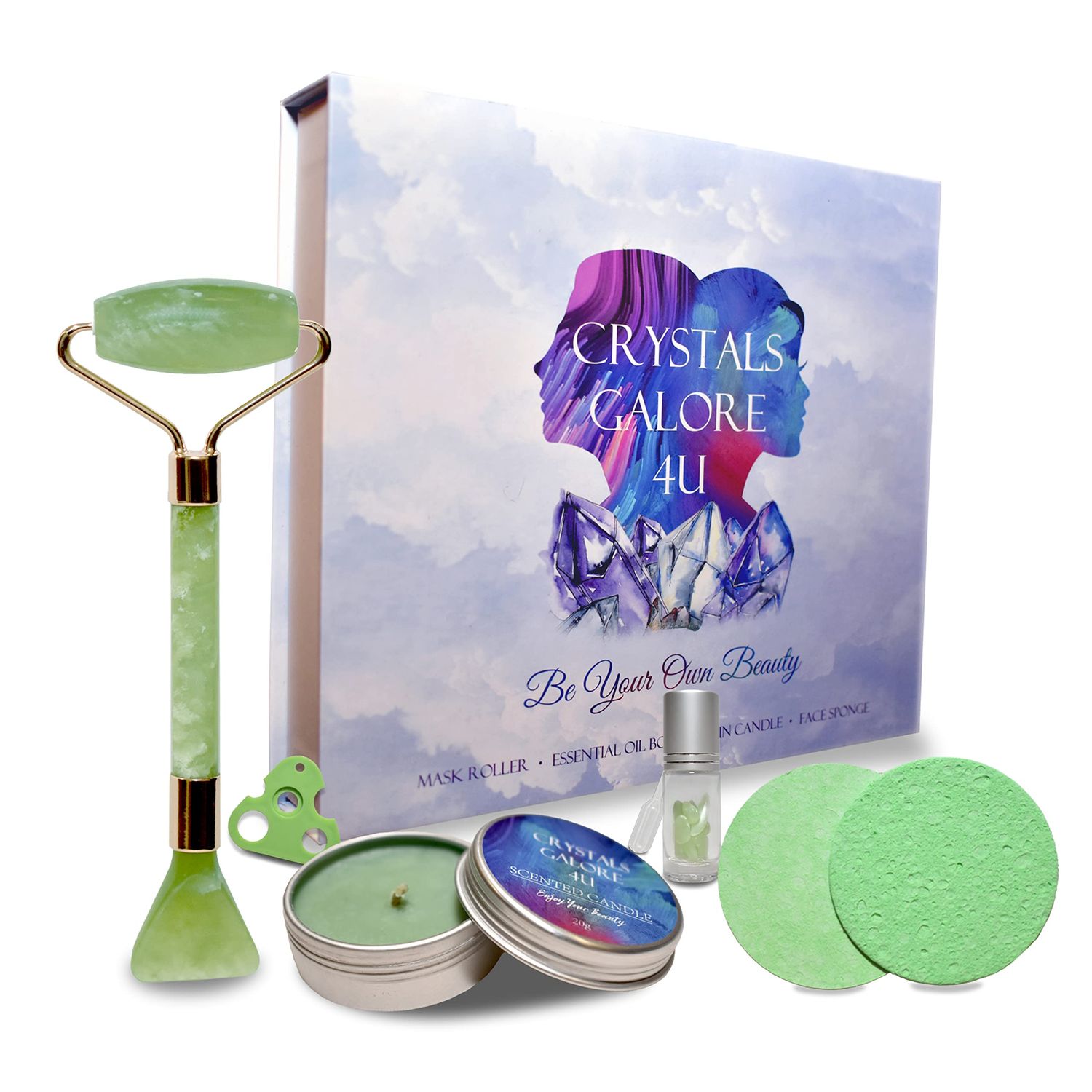 Crystals Galore 4U Jade Face Roller - Green Gua Sha Face Roller Kit for Skin Care | Kit Includes Jade Face Roller &amp; Scraper Tool, Face Sponge, Scented Candle, &amp; Crystal Essential Oil Bottle