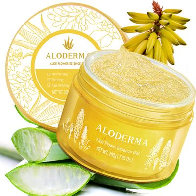 Aloderma Age-Defying 24K Gold Leaf Aloe Flower Essence Gel, Made within 12 Hours of Harvest - Luxurious Aloe Gel with Allantoin &amp; Hyaluronic Acid for a Glowing, Shimmering, Youthful Complexion, 7oz