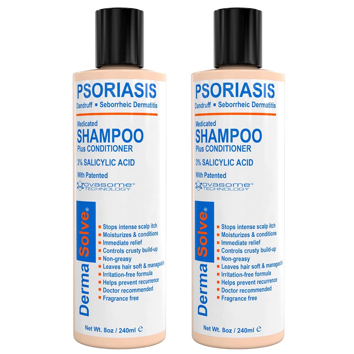 Dermasolve Scalp Psoriasis Medicated Shampoo &amp; Conditioner (2-pack) Naturally Heals Dandruff Seborrheic Dermatitis Itchy Flakey Inflamed Skin &amp; Provides Soothing Moisturizing Relief - Two 8 oz bottles