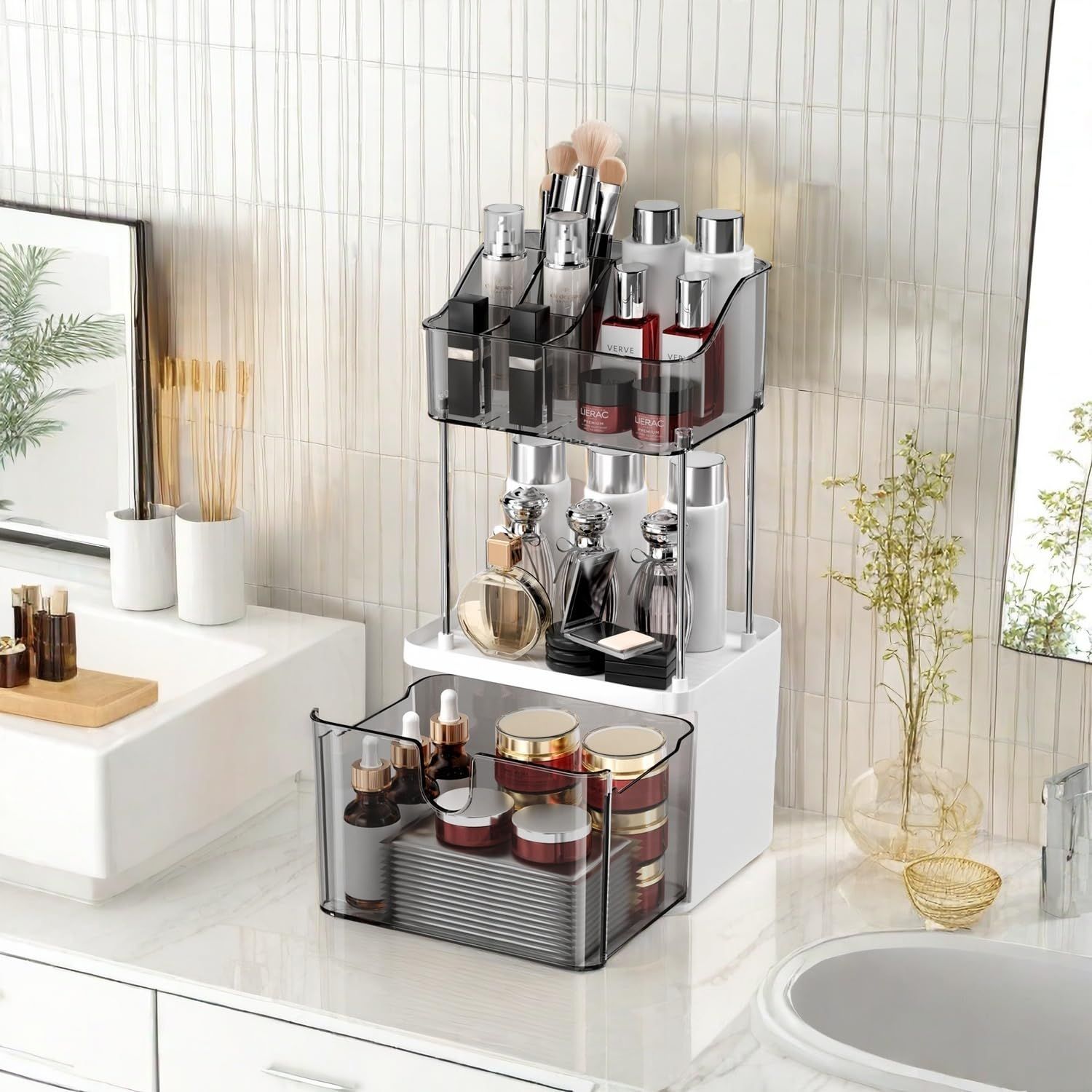 DDZOOU 3 Tier Bathroom Organizer with Drawers, Small Multi-Purpose Desktop Organizer, Transparent Cosmetic Skin Care Organizer,Ideal gift, easy to install. (Gray)