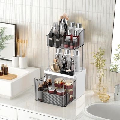 DDZOOU 3 Tier Bathroom Organizer with Drawers, Small Multi-Purpose Desktop Organizer, Transparent Cosmetic Skin Care Organizer,Ideal gift, easy to install. (Gray)