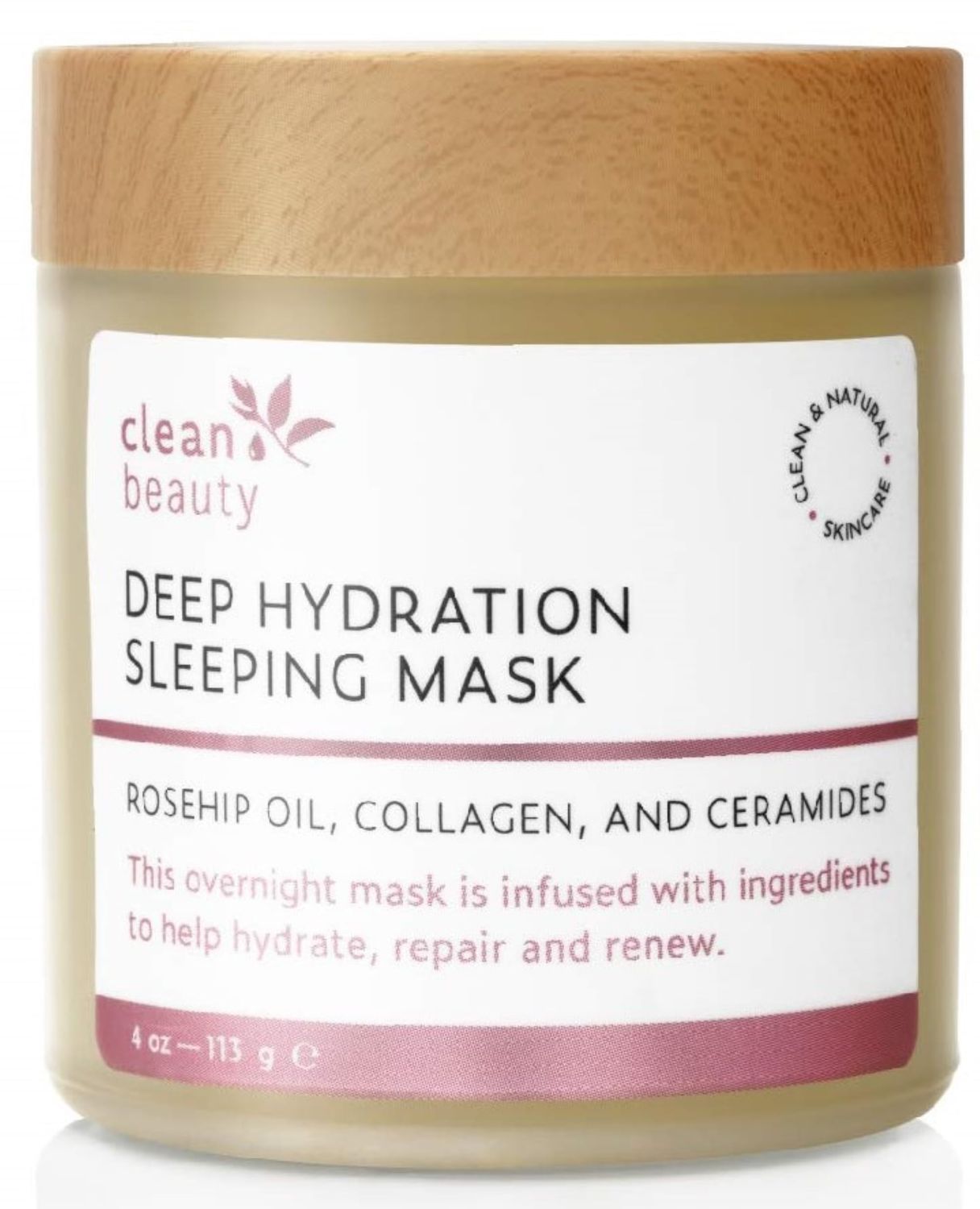 Clean Beauty Deep Hydration Sleeping Face Mask with Rosehip Oil &amp; Collagen - Strengthen Skin &amp; Reduce Fine Lines (4 oz)