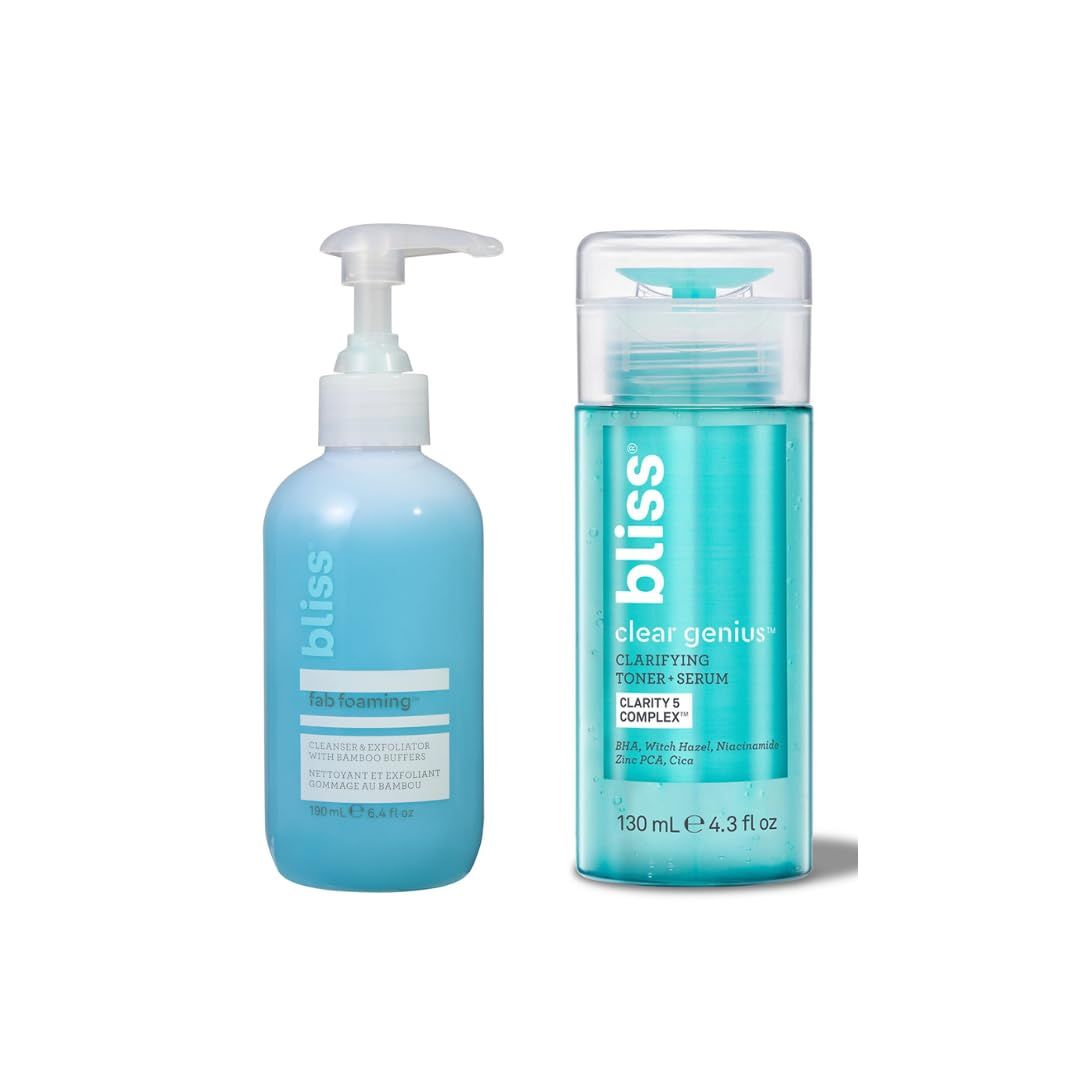 Bliss Fab Foaming Cleanser &amp; Clear Genius Toner + Serum | Pore Purifying Duo for Clear Skin | 2 Step Skincare Routine | Clean, Vegan, Cruelty-Free