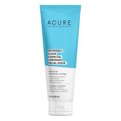 ACURE Incredibly Clear Charcoal Lemonade Facial Scrub -Deep Face Wash Cleansing, Gentle Exfoliates &amp; Detoxifies with Charcoal Scrub, Lemon &amp; Blueberry -For Oily to Normal &amp; Acne Prone Skin, 4 Fl Oz