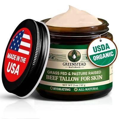Greenstead Naturals Grass Fed Beef Tallow for Skin - USDA Organic, Unscented/Herb Infused with Jojoba Oil, Whipped Tallow Balm for Body, Beef Tallow Face Moisturizer with Cocoa Butter - 2 oz