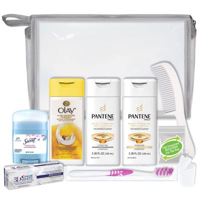 Convenience Kits International Women&#39;s 10-Piece Deluxe Kit with Travel Size TSA Compliant Essentials, Featuring: Pantene Hair Products in Reusable Toiletry Bag - Clear color