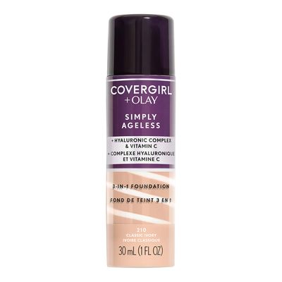 CoverGirl &amp; Olay Simply Ageless 3-in-1 Liquid Foundation, Matte Finish, Hyaluronic &amp; Vitamin C Formula, Cruelty Free, Classic Ivory, 1 Count
