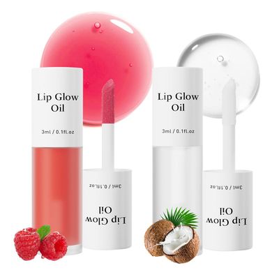 Aaiffey 2Pcs Hydrating Lip Glow Oil,Plumping Lip Gloss,Moisturizing Transparent and Nourishing Non-stick Cup Fruit Flavored Lip Oil for Reducing Lip Lines and Lip Care(01#+07#)