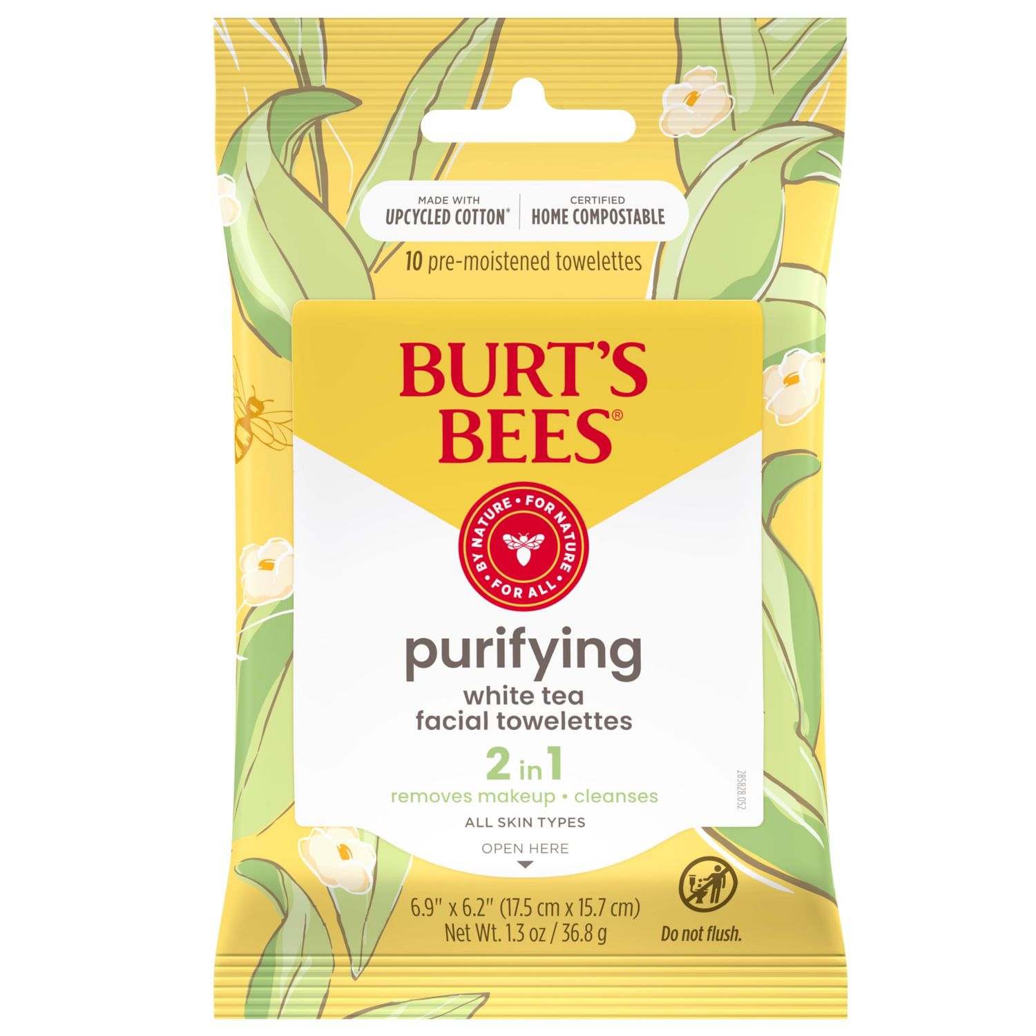 Burts Bees Purifying Facial Cleanser Towelettes and Makeup Remover Wipes with White Tea for All Skin Types, Made with Repurposed Cotton, 10 Count