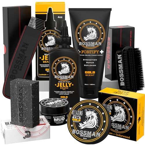 Bossman Big Boss Beard Care Kit for Men - 7 Piece Beard Grooming Kit with Jelly Beard Oil, Beard Conditioner, Beard Balm, MUDstache Wax, Bar Soap, Metal Comb, Brush - Mustache Kit (Gold)