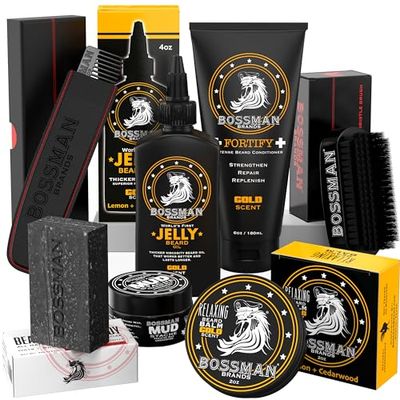 Bossman Big Boss Beard Care Kit for Men - 7 Piece Beard Grooming Kit with Jelly Beard Oil, Beard Conditioner, Beard Balm, MUDstache Wax, Bar Soap, Metal Comb, Brush - Mustache Kit (Gold)