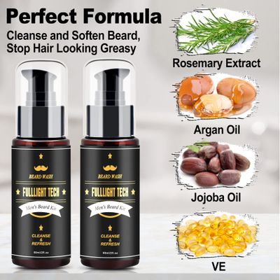 FULLLIGHT TECH Men's 2 Pack Beard Care Kit - Argan Oil &amp; Jojoba Oils Shampoo, Rosemary Extract for Clean, Moisturizing and Nourishing Mustache &amp; Beard Growth