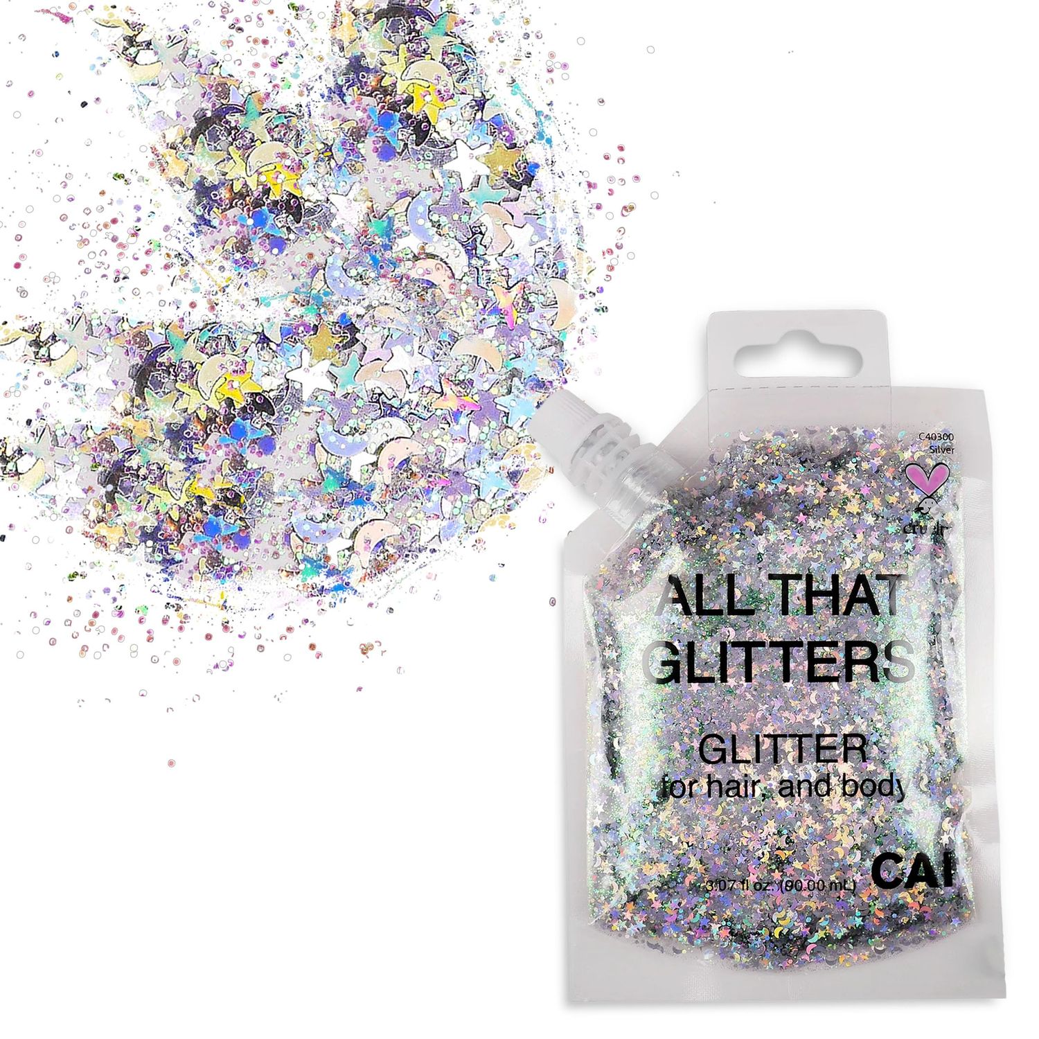 Body Face &amp; Hair Glitter Gel (1 Pk Silver) Chunky Iridescent Holograph Stars &amp; Moon, 3 oz Cosmetic Grade Makeup, Cruelty Free Apply Without Glue, Easy to Take Off Keeps Skin Clean- for Concerts, Raves