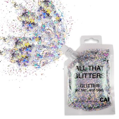 Body Face &amp; Hair Glitter Gel (1 Pk Silver) Chunky Iridescent Holograph Stars &amp; Moon, 3 oz Cosmetic Grade Makeup, Cruelty Free Apply Without Glue, Easy to Take Off Keeps Skin Clean- for Concerts, Raves