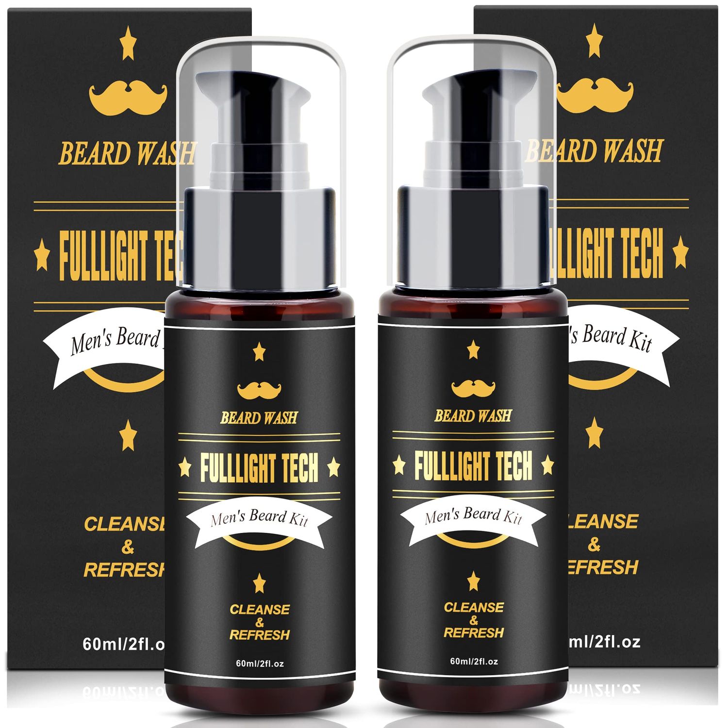 FULLLIGHT TECH Men&#39;s 2 Pack Beard Care Kit - Argan Oil &amp; Jojoba Oils Shampoo, Rosemary Extract for Clean, Moisturizing and Nourishing Mustache &amp; Beard Growth