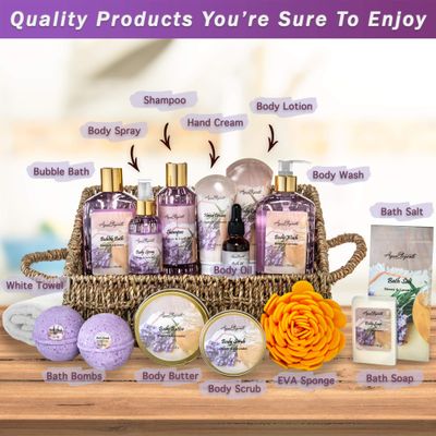 Bath Spa Gift Sets - Luxury Basket With Honey &amp; Lavender - Spa Kit Includes Wash, Bubble Bath, Lotion, Bath Salts, Body Scrub, Body Spray, Shower Puff, Bathbombs, Soap and Towel