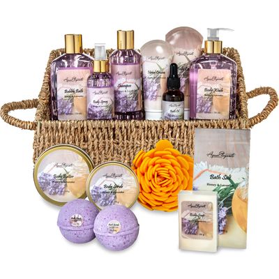 Bath Spa Gift Sets - Luxury Basket With Honey &amp; Lavender - Spa Kit Includes Wash, Bubble Bath, Lotion, Bath Salts, Body Scrub, Body Spray, Shower Puff, Bathbombs, Soap and Towel