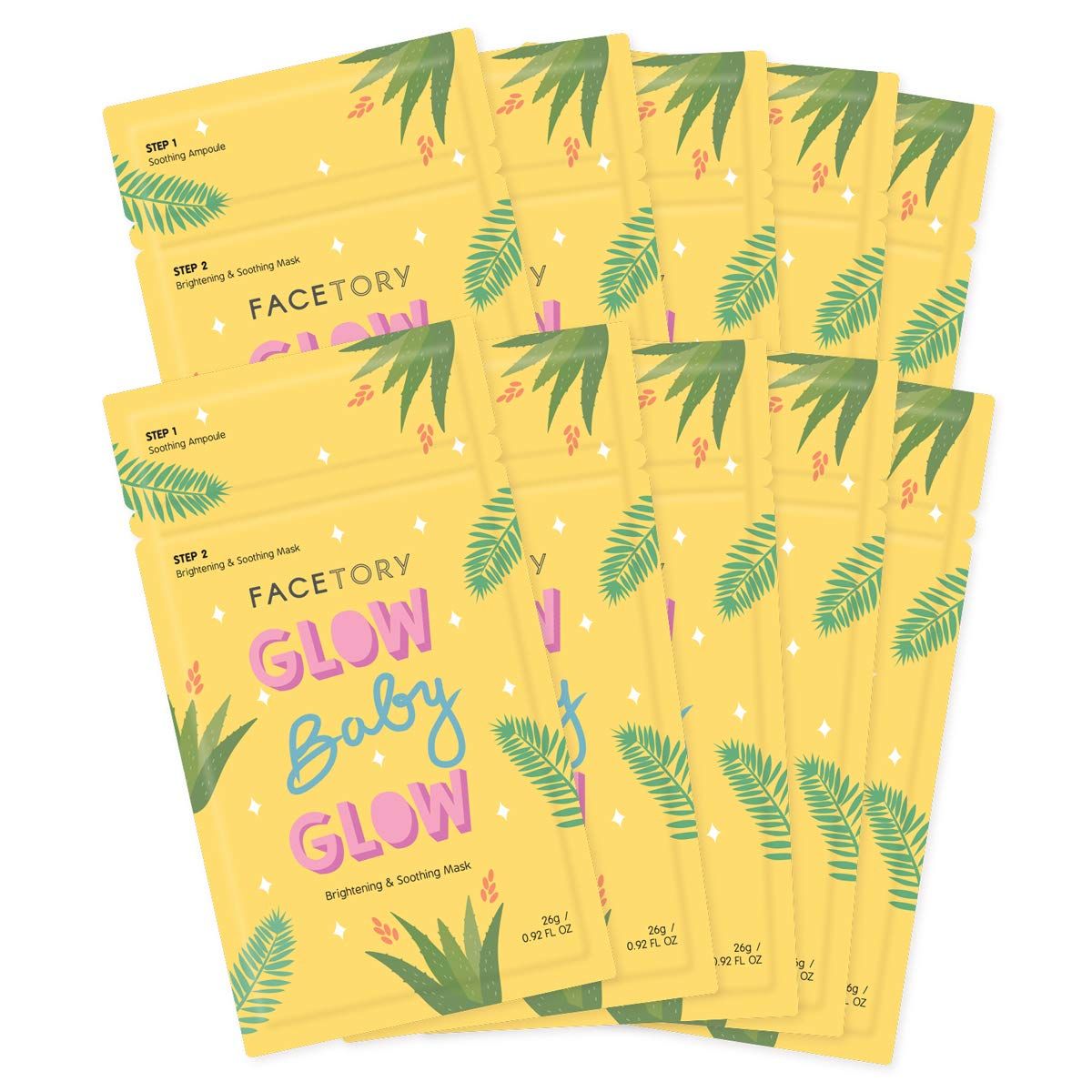 FACETORY K Beauty Face Mask Skin Care - Glow Baby Glow 2-Step Sheet Mask with Niacinamide &amp; Aloe + Calming Ampoule | Brightens, Hydrates, Glowing Skin (10 Pack)