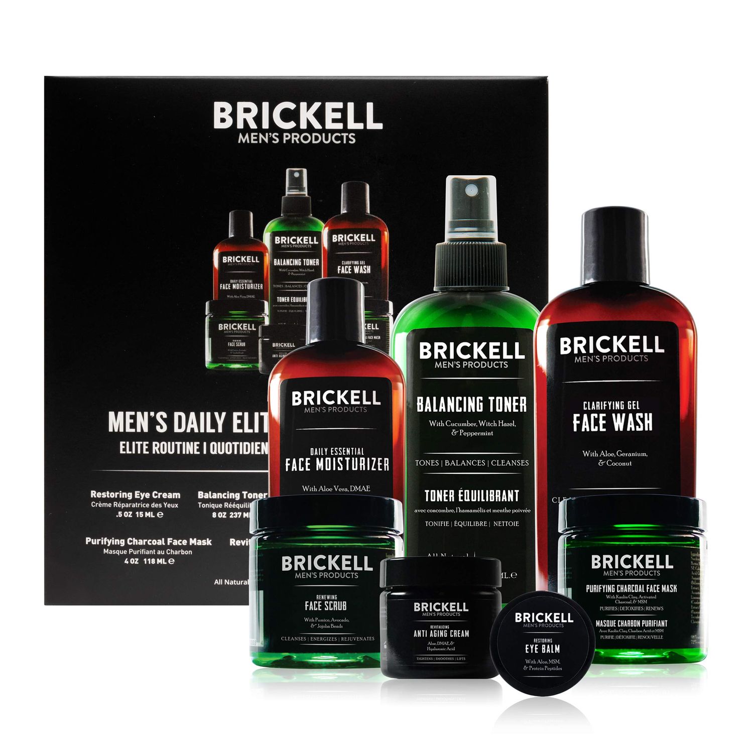Brickell Men&#39;s Daily Elite Face Care Routine I, Toner, Gel Facial Wash, Face Scrub, Anti-Aging Night Cream, Eye Cream, Charcoal Mask and Moisturizer, Natural and Organic, Scented