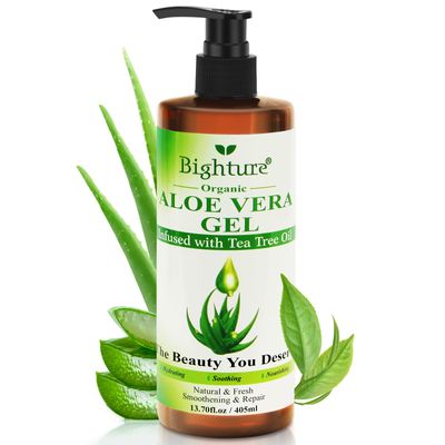BIGHTURE Aloe Vera Gel with Tea Tree Oil for Face, Skin, Hair, Sunburn relief, Organic Aloe Vera Gel from Freshly cut 100% Pure Aloe,13.7oz