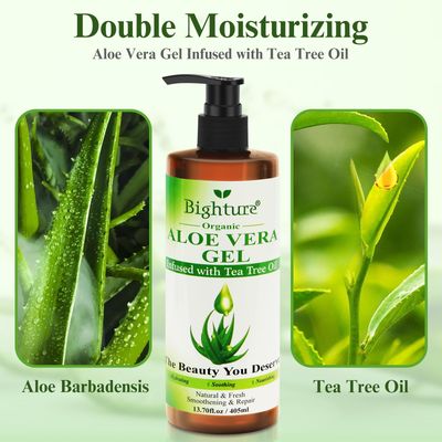 BIGHTURE Aloe Vera Gel with Tea Tree Oil for Face, Skin, Hair, Sunburn relief, Organic Aloe Vera Gel from Freshly cut 100% Pure Aloe,13.7oz