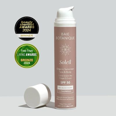 Baie Botanique Soleil - Organic Mineral Non Toxic Sunscreen for Face and Body SPF 50 - Sea Buckthorn &amp; Calendula - Natural - Vegan - No White Cast - Chemical Filter Free - Reef Safe -UVA/UVB - 3.9 oz