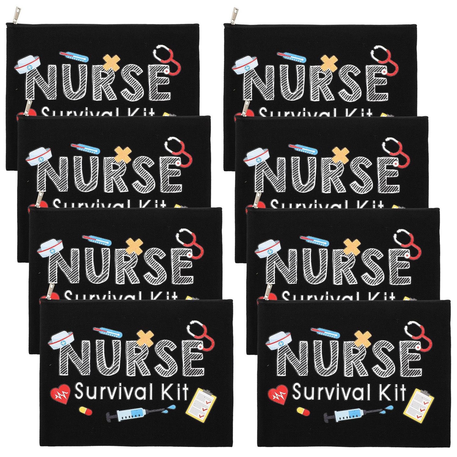 Frienda 8 Pcs Nurse Survival Kit Makeup Bags Cosmetic Bag Nurse Practitioner Gifts Toiletry Bag Funny Travel Bag Nurses School Supplies Nursing Student Gifts (Black, Nurse Survival Kit)
