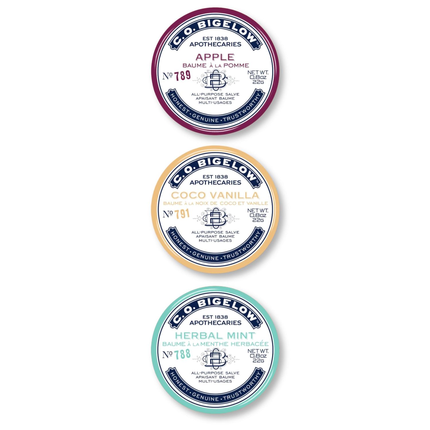 C.O. Bigelow All Purpose Salves, Variety Pack of 3 Lip Balm Tins for Chapped Lips &amp; Dry Skin, Coco Vanilla, Apple, Herbal Mint Moisturizing Lip and Skin Salves, 0.8 oz each