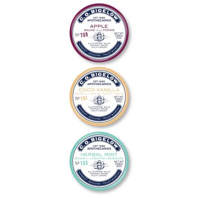 C.O. Bigelow All Purpose Salves, Variety Pack of 3 Lip Balm Tins for Chapped Lips &amp; Dry Skin, Coco Vanilla, Apple, Herbal Mint Moisturizing Lip and Skin Salves, 0.8 oz each