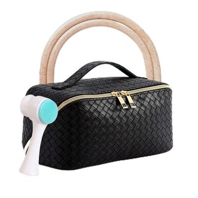 Emelie Products Cosmetic Bag with Facial Brush - Makeup Organizer for Travel - Black Makeup Bag for Women - Big Toiletry Bag with Compartments - Portable Makeup and Skincare Organizer (Black)