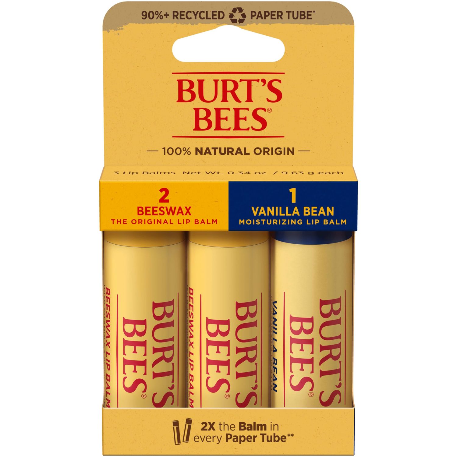 Burts Bees Valentines Day Gifts, 100% Natural Origin Moisturizing Lip Balm, 2 Original Beeswax and 1 Vanilla Bean, 100% Natural Origin, 0.34 Ounce Each, 3 Paper Tubes, Pack May Vary