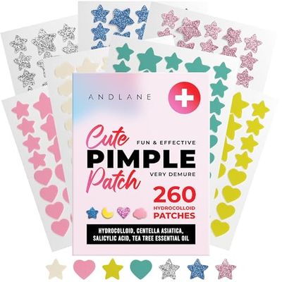 260Pcs Cute Pimple Patches for Face - Hydrocolloid Acne Patches, Zit Patches - Blemish Patches for Face Skin Care - Star, Heart, Cloud, Moon, Glitter &amp; Regular, 7 Colors, 2 Sizes Stickers