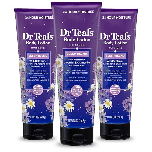 Dr Teal&#39;s Sleep Body Lotion, 24-Hour Moisture, with Melatonin, Lavender &amp; Chamomile Essential Oils, 8 fl oz (Pack of 3)(Packaging May Vary)