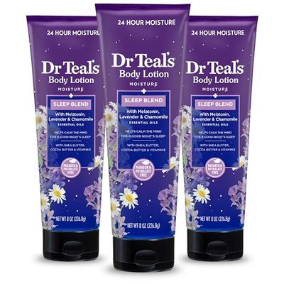 Dr Teal&#39;s Sleep Body Lotion, 24-Hour Moisture, with Melatonin, Lavender &amp; Chamomile Essential Oils, 8 fl oz (Pack of 3)(Packaging May Vary)