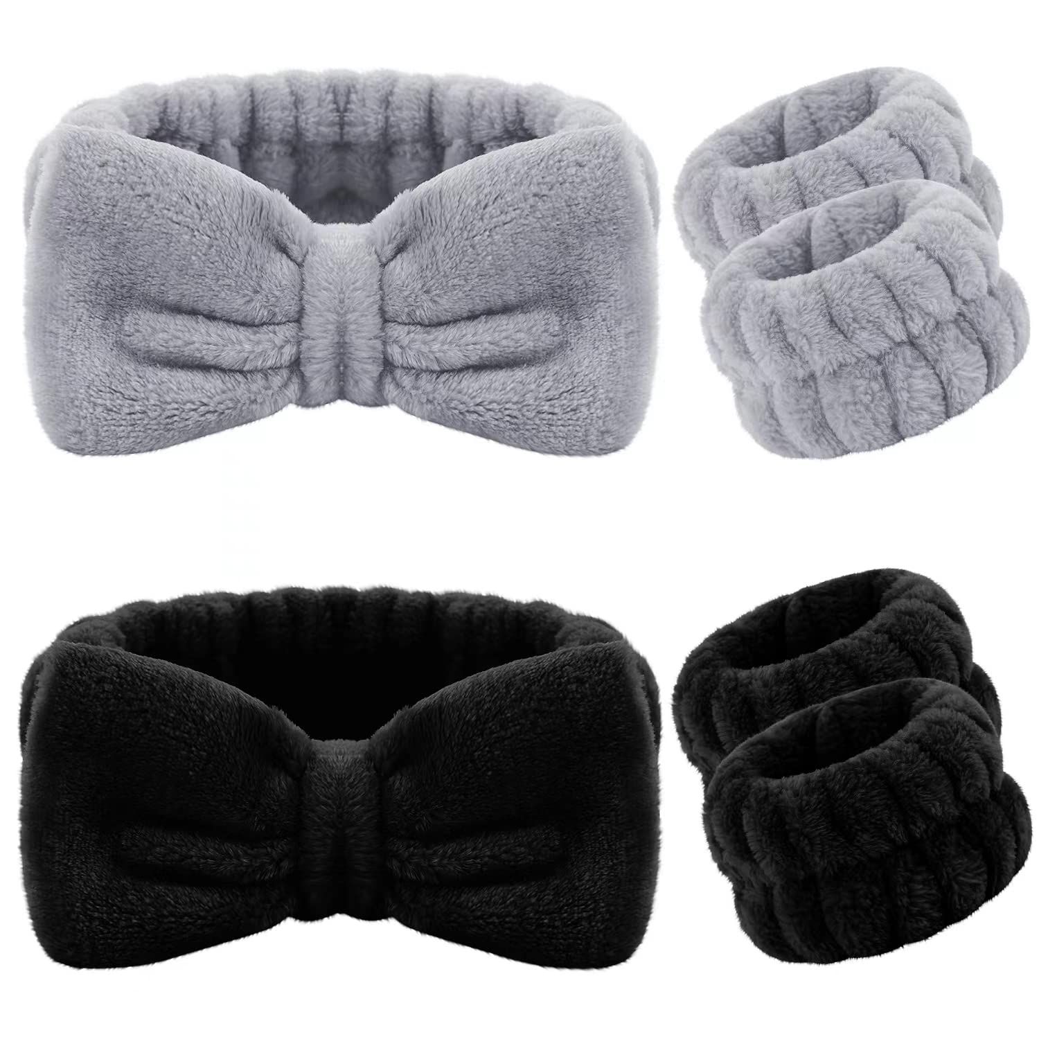 6 Pieces Spa Headband Wrist Washband Scrunchies Cuffs for Washing Face, Towel Wristbands Hair Headband Face Wash Wristband for Women Girls Makeup Prevent Liquids from Spilling Down Your Arms (Black)