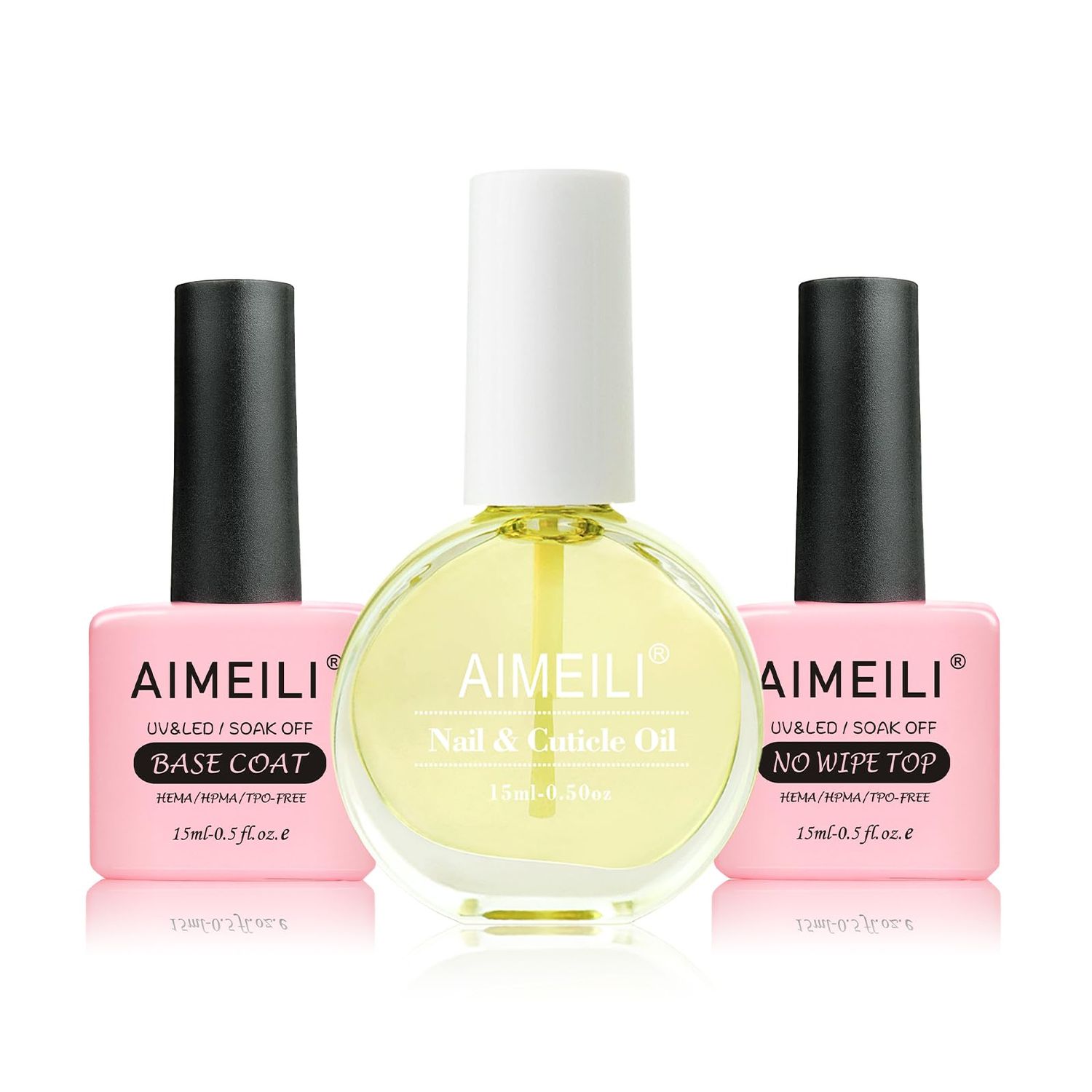 AIMEILI Hema Free No Wipe Top Coat Base Coat &amp; Cuticle Oil Set, Glossy Shine Gel Top Coat Long Lasting DIY Home Gel Nail Lamp Required, Cuticle Oil Care for Nails