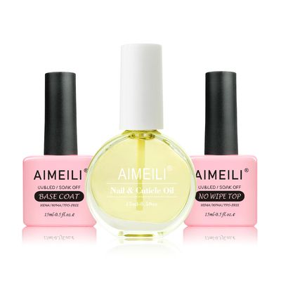 AIMEILI Hema Free No Wipe Top Coat Base Coat &amp; Cuticle Oil Set, Glossy Shine Gel Top Coat Long Lasting DIY Home Gel Nail Lamp Required, Cuticle Oil Care for Nails