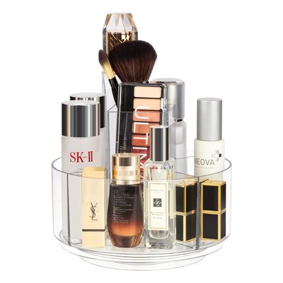 360 Rotating Makeup Organizer Clear Turntable Lazy Susan Organizer for Vanity, Bathroom Counter, Spinning Cosmetic Display Case with 5 Compartment Holder for Skin Care, Makeup Brushes, Lipsticks