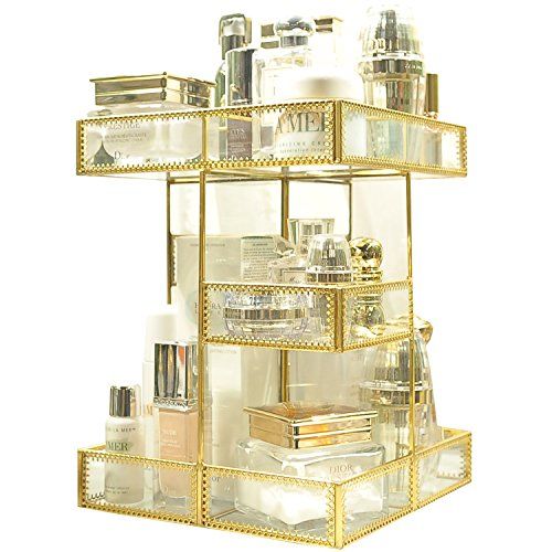 360 Degree Rotation Makeup Organizer Antique Countertop Cosmetic Storage Box Mirror Glass Beauty Display, Gold Spin Large Capacity Holder for Brushes Lipsticks Skincare Toner