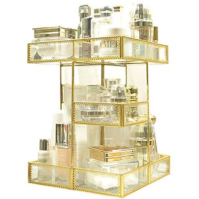 360 Degree Rotation Makeup Organizer Antique Countertop Cosmetic Storage Box Mirror Glass Beauty Display, Gold Spin Large Capacity Holder for Brushes Lipsticks Skincare Toner